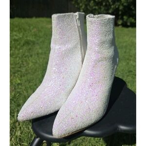 Allegra K Women's Glitter Pointed Toe Cutout Block Heel Ankle Booties